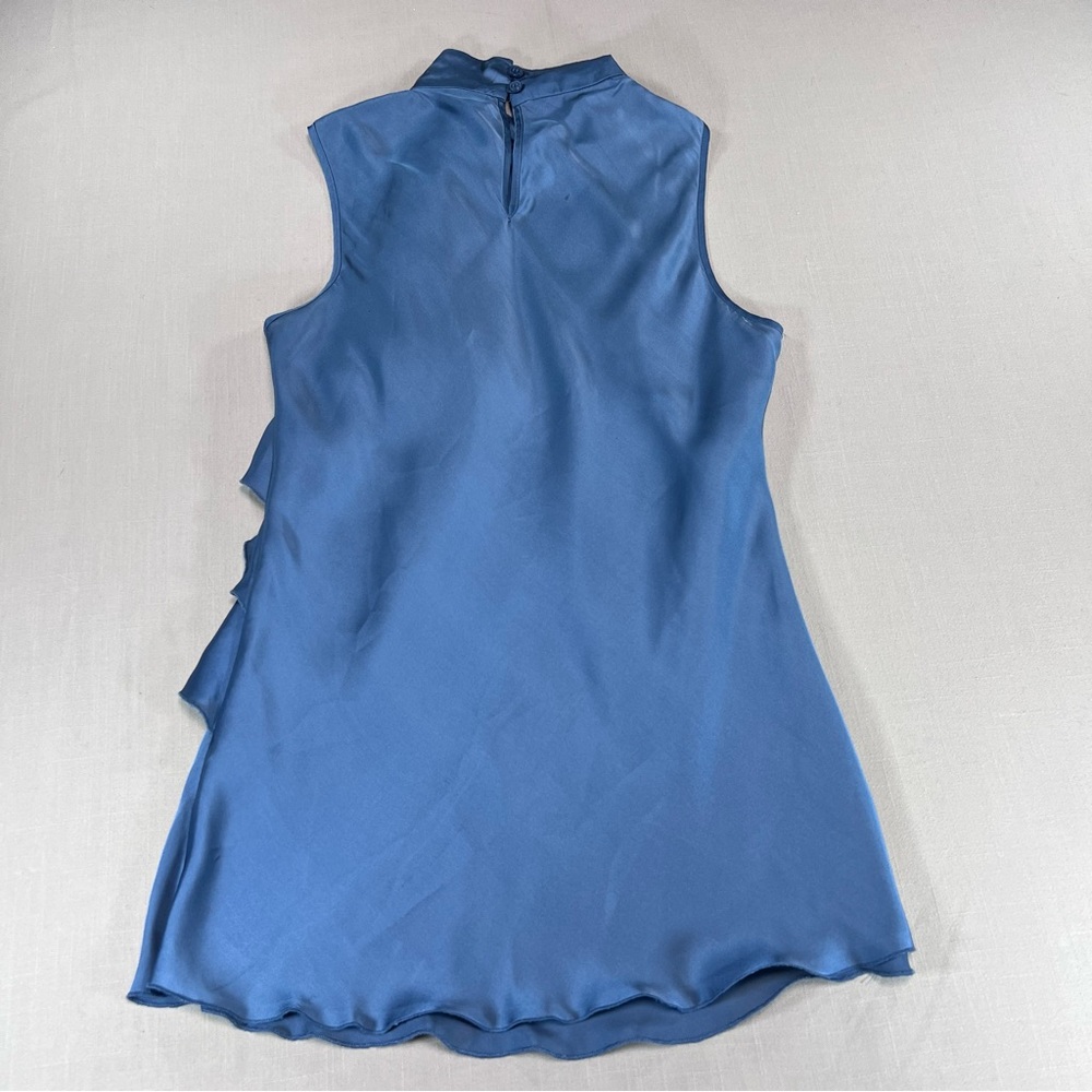 Kenar Women’s M Blue Satin Ruffle Front Sleeveless Top Mock Neck Blouse - Picture 12 of 13